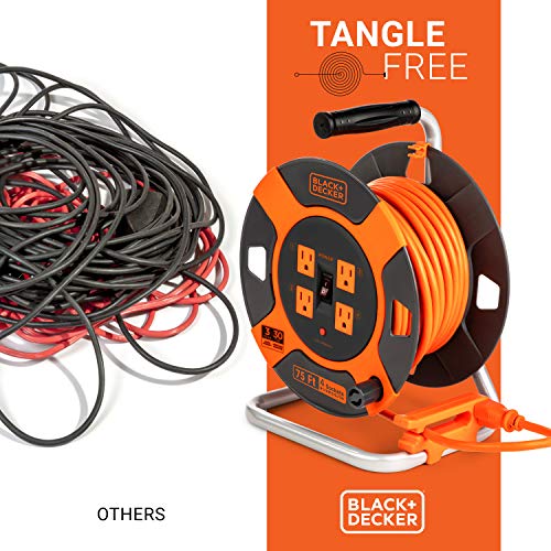 BLACK+DECKER Retractable Extension Cord Reel, 75 ft, with 4 Outlets