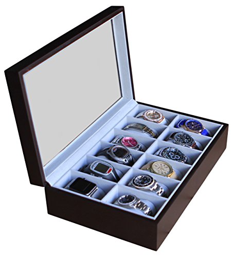 Solid espresso wood watch box organizer with glass disp…