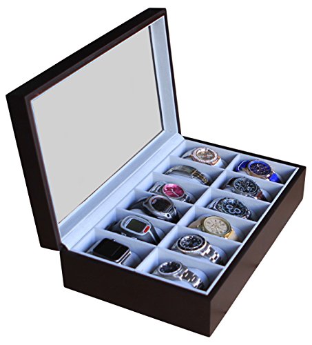 Solid Espresso Wood Watch Box Organizer with Glass Display Top by Case Elegance