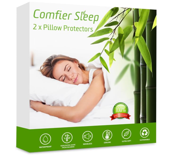 Comfier Sleep Waterproof Pillow Protectors 60x60cm Anti Allergy Super Soft Pillow Protectors 2 pack, 100% bamboo Pillow Cases 2 Pack Zipped suitable for Square Pillows