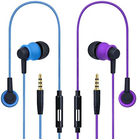 In Ear Headphones, Costyle 2 Pack Pure Nylon Braided In-ear Noise Isolating Earphones Headphones with Mic Remote Control Button for iPhone SE 6s, iPad Air Mini, Samsung Galaxy S8 S7 edge(Blue, Purple)