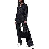 ABYOVRT Pleated 2 Piece Outfits for Women Long Sleeve Oversized Button Down Shirt Wide Leg Pants Sets Casual Loungewear