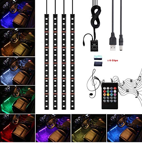 Car LED Strip Lights,Unpopular 4pcs 72 LED DC5V Waterproof USB Car Interior Music Multicolor LED Under Dash Lighting Kit with Sound Active Function,Wireless Remote Control (4x18LEDs With USB Port)