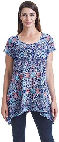 Come Together California CTC WT1373 Womens Print Short Sleeve Shark Hem Tunic XL Coral_Navy