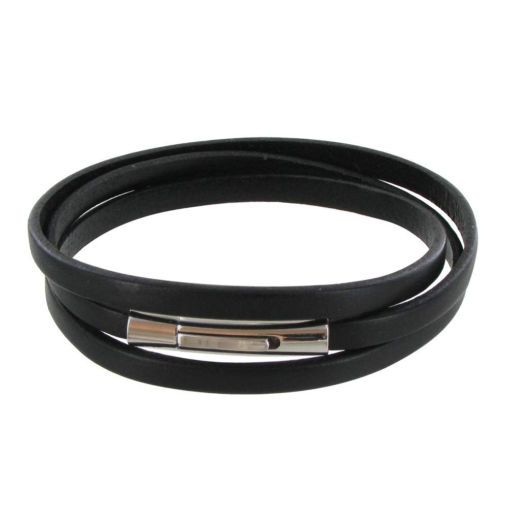 LES POULETTES BIJOUX - Men's Bracelet Black Flat Leather Stainless Steel Clasp - Taille 18 cm
