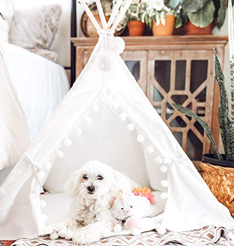 little dove Pet Teepee House Fold Away Pet Tent Furniture Cat Bed with Cushion 28 Inch White Pompom