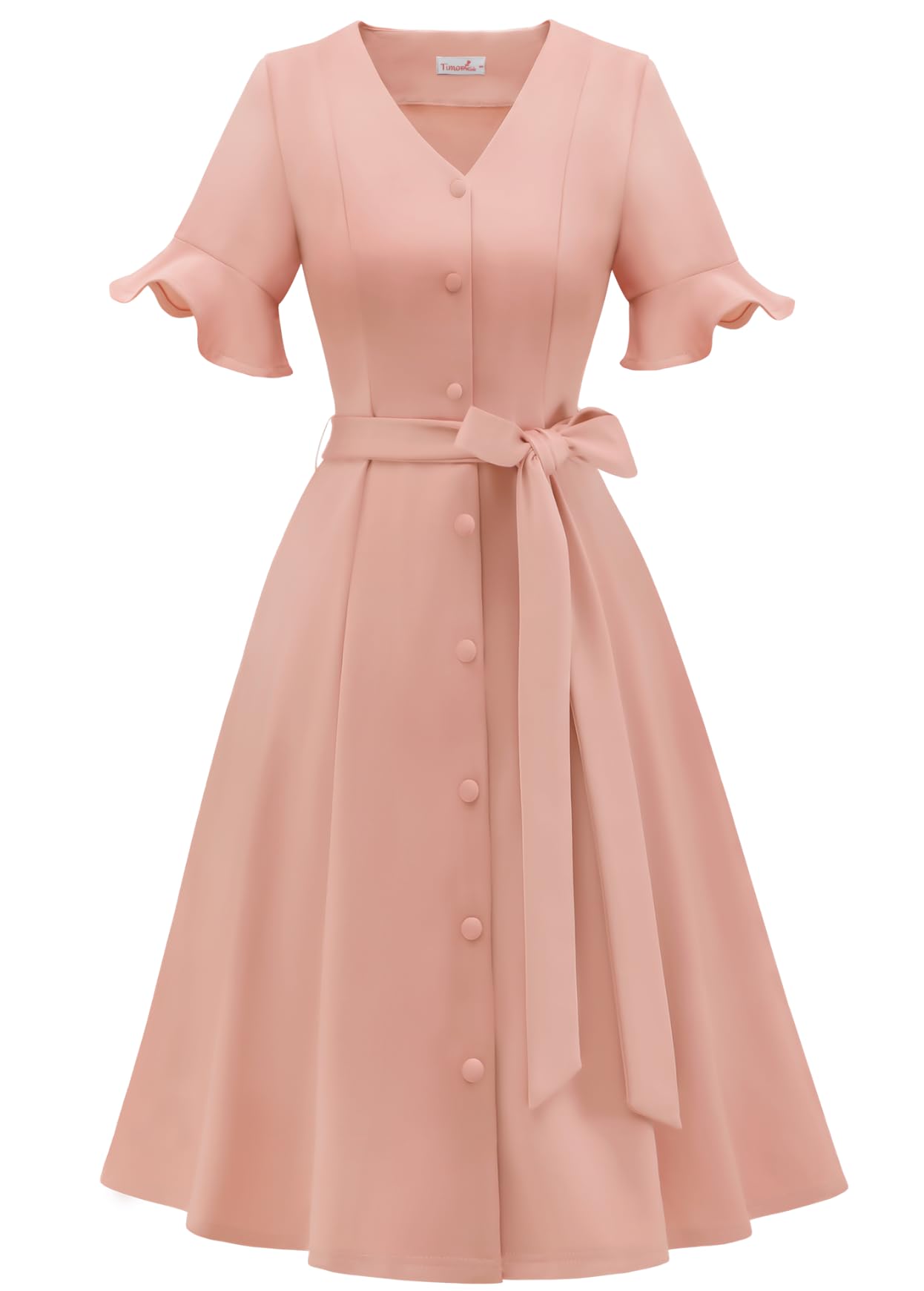 Photo 1 of **RUNS BIG** Timormode Vintage Cocktail Dresses for Women Wedding Guest Semi Formal 1950s Retro Tea Party Dress Bell Sleeve Church Work Casual Dresses TMD6005 DustyRose L
