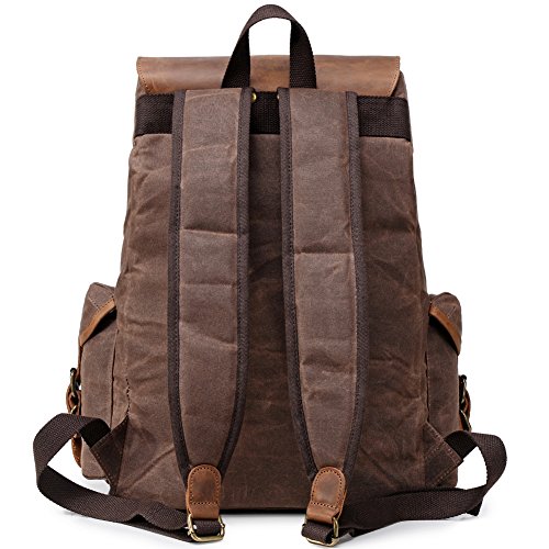 Kemy's Mens Waxed Canvas Backpack Leather Rucksack for Men Wax Leather
