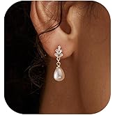 PRTGL Pearl Earrings: 14k Gold/White Gold/Rose Gold Plated Cubic Zirconia Accented Pearl Drop Dangle Wedding Engagement Earrings For Women Bridal Bridesmaid