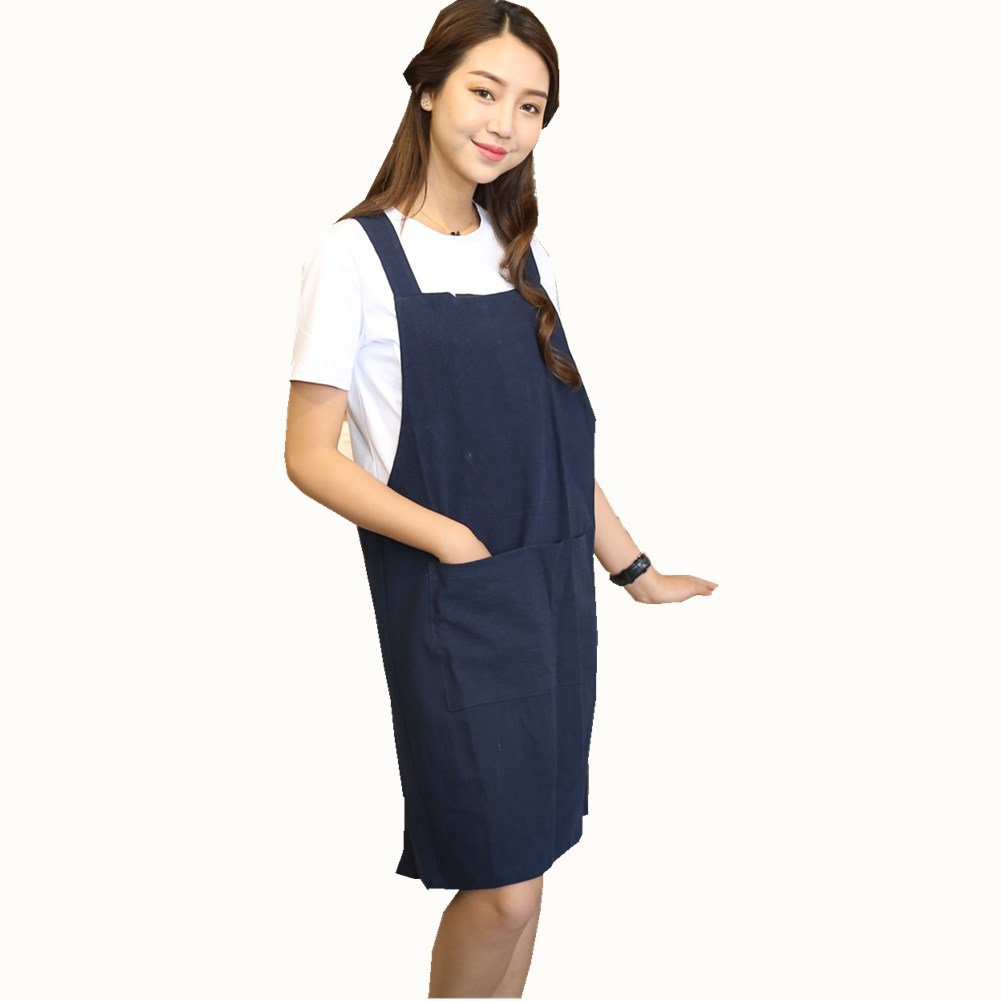 H Shoulder Straps Soft Cotton Linen Apron Solid Color Halter Cross Bandage Aprons Japan Style X Shape Kitchen Cooking Clothes Chef Summer Fit (Navy Blue)