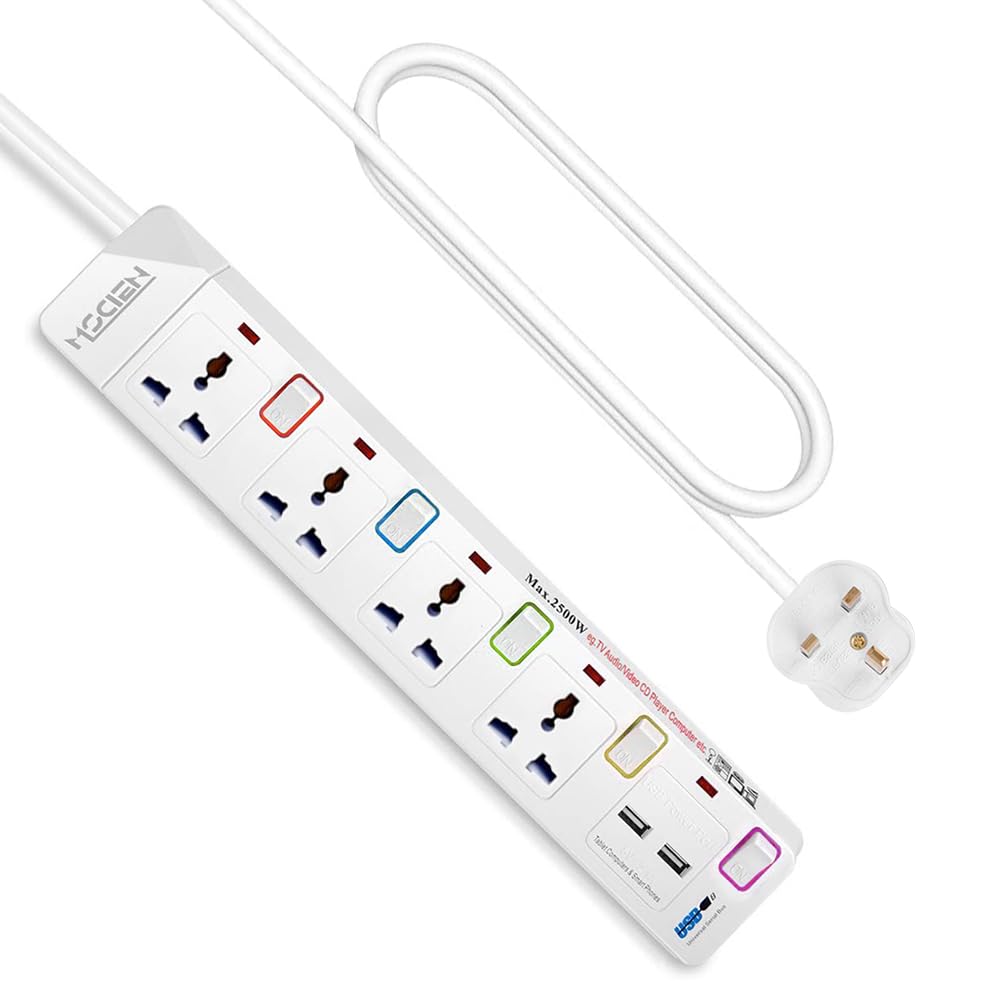 3M 4 Way Extension Lead with 2 USB, Mscien Plug Extension with 5 Independent Switch Power Strip, Multi Plug Wall Mountable Extension Cord (Type E/F Plug)