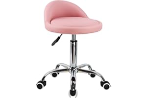 KKTONER PU Leather Round Rolling Stool with Back Rest Height Adjustable Swivel Drafting Work SPA Task Chair with Wheels Pink