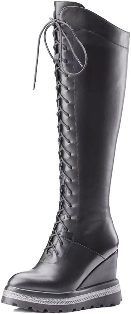 Women's Genuine Leather High Heel Wedges Rubber Sole Platform Lace Up Knee Boots Cosplay Shoes