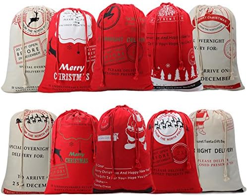 HOOPLE Christmas Santa Claus Reindeer Pattern Design Gifts Bags Sack Burlap large capacity 19.7"27.6"-10 Pack