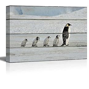 Canvas Wall Art - Five Little Penguins and Their Father on Vintage Wood Textured Background - Rustic Country Style Modern Giclee Print Gallery Wrap Home Art Ready to Hang - 12" x 18"