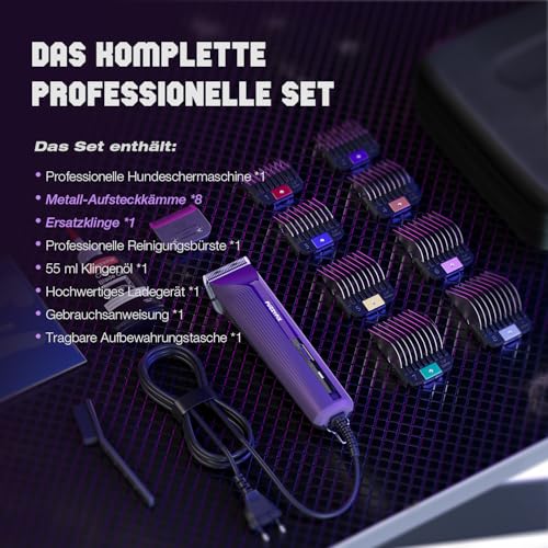 FuzzyFix Hundeschermaschine Profi mit Kabel und Metall-Aufsteckkämme,3m Kabel,Läuft kühl und leise, mit Rutschfestes, Bruchsicheres Gehäuse für Dickes, Langes und Lockiges Tierhaare Fell
