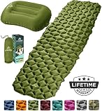 HiHiker Camping Sleeping Pad + Inflatable Travel Pillow - Ultralight Backpacking Air Mattress w/Compact Carrying Bag -Sleeping Mat for Hiking Traveling & Outdoor Activities (Green)