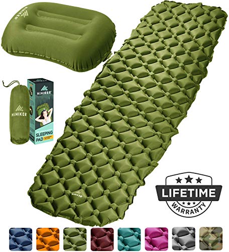 HiHiker Camping Sleeping Pad + Inflatable Travel Pillow - Ultralight Backpacking Air Mattress w/Compact Carrying Bag -Sleeping Mat for Hiking Traveling & Outdoor Activities (Green)