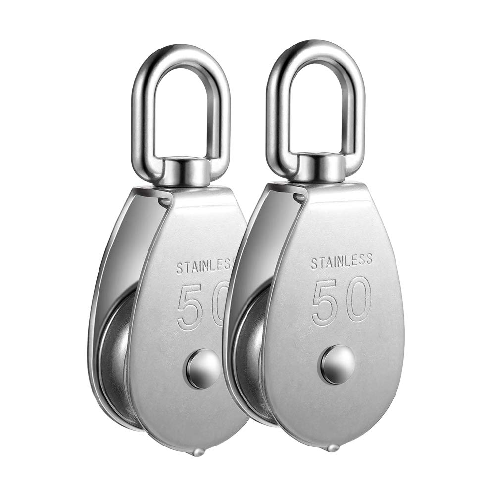 2Pcs 304 Stainless Steel Pulley Roller Single Pulley Block, M50 Lifting Crane Swivel Hook Bearings, Hanging Wire Towing Wheel Loading 881Lbs