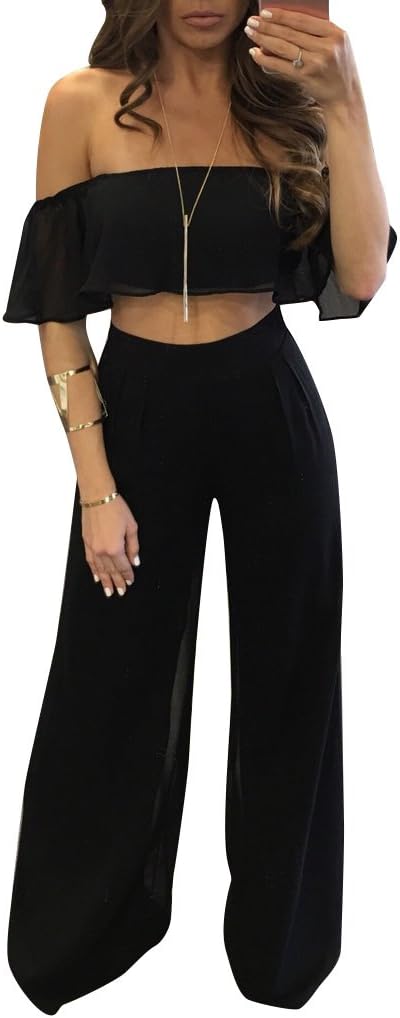 YiYaYo Women Chiffon Off Shoulder 2 Pieces Jumpsuit Romper Crop Top and Pants Set