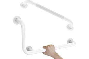 White L-Shaped Grab Bar 12x24 Inch + Knurled Shower Grab Rail 20 Inch, Zepolu Stainless Steel Toilet Safety Bar 90 Degree, Angled Balance Support Assist Bar for Elderly, Bathroom Mobility Aid Handrail