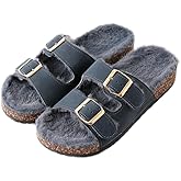 Roxoni Women's Open Toe Feather Slipper with Adjustable Double Buckle Cozy Cork Slide Sandal