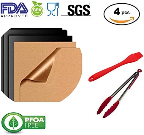 Set of 100% non-stick black and copper Teflon mat for baking, grilling, silicone brush and heat-resistant "12" kitchen clamp, stainless steel, reusable,FDA approved, no PFOA for coal, gas and electric