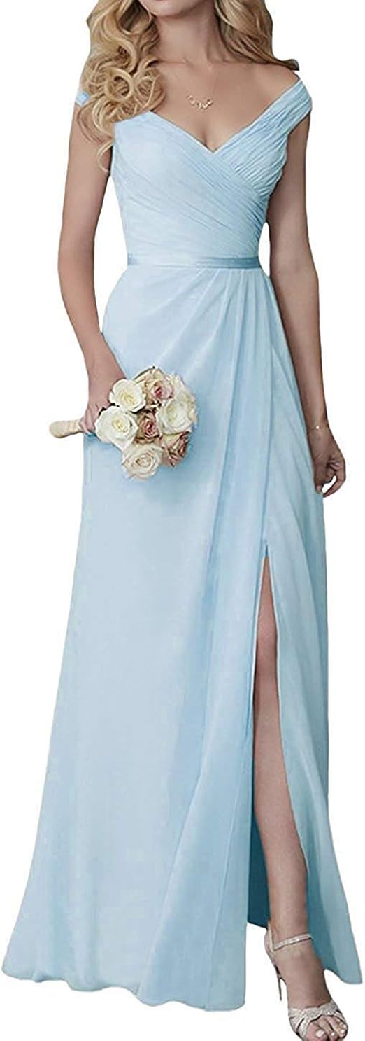 Split Bridesmaid Dresses Long V Neck Chiffon Pleated Prom Formal Gowns for Women