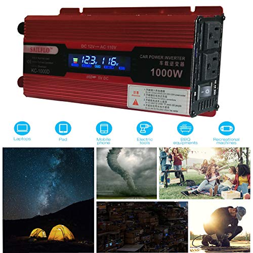 Power Inverter 500W/1000W DC 12V to 110V AC Car Inverter Outlets 2 AC Ports Charger Travel Kit Portable Converter for Laptop (1000W)