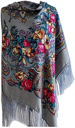 Colourful Large Ladies Lilies floral folk vintage Russian Slavonic style scarf shawl wrap with fringe