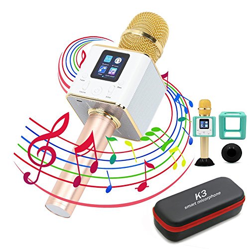 Wireless Karaoke Bluetooth Microphone, Portable Mini Handheld Speaker, K3 LCD Touch Screen Stereo Player for Music Playing, Home KTV Karaoke Mic for Apple Iphone Android Smartphone or PC (K3 Gold)