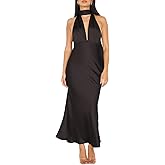 Summer Satin Halter Deep V Neck Backless Maxi Dresses for Women 2025 Silky Sleeveless Open Back Wedding Guest Long Dress