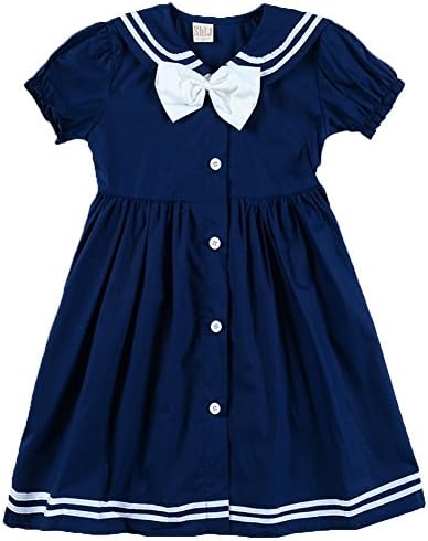 Girls Sailor Style Dress Lapel Navy Cotton Dress With Big Bow Tie 8/9Y