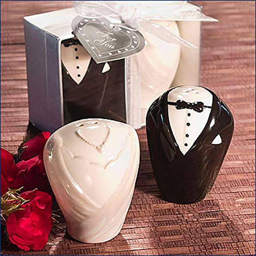 Ingrosso e Risparmio Salt and Pepper Shaker in the Shape of Wedding Dress and Tuxedo in Gift Box Original Wedding Favor Ideas