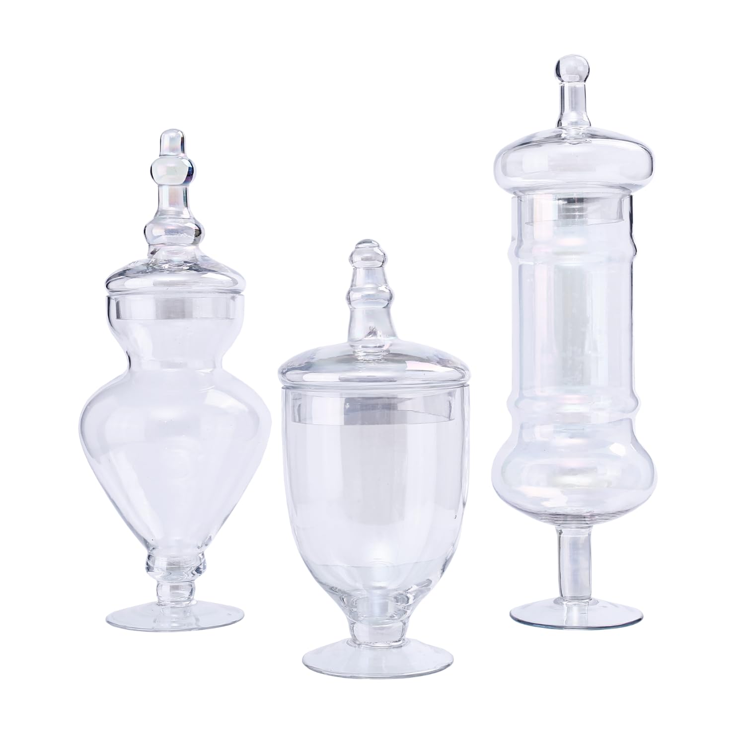Photo 1 of Stella Baic Set of 3 Iridescent Apothecary Jars with Lids, Glass Candy Jars for Candy Buffet, Decorative Jars for Display, Party and Wedding