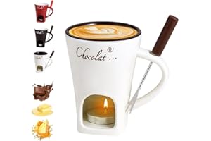 Chocolate Fondue Mug with Forks, Personal Cheese Melting Cup,Ceramic Butter Warmers Pot Set, Chocolate Melting Cup, Fondue He