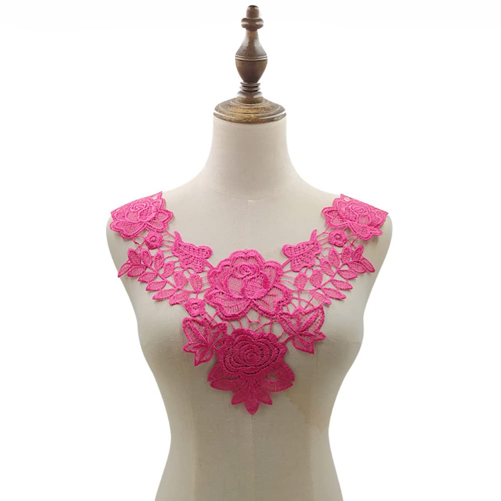 Embroidery Lace Trim Crochet Lace Patch Lace Motif Applique Patches Insert Collar, Embroidered Flowers Lace Collar Applique for Sewing Craft Costume Wedding Dress Wedding Dress Decoration Rose Red