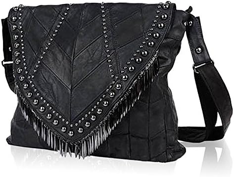 Pulama Rivets Studded Fringe Beads Leather Shoulder Bag Women's Lambskin Handbag Crossbody Bag Adjustable Purse