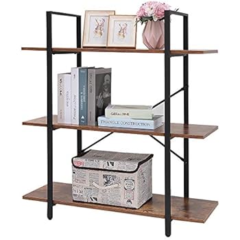 Iwell 3-Tier Bookshelf, Industrial Bookcase with Wood and Metal Frame for Living Room, Bedroom, Open Office Storage Rack Shelves, Rustic Brown SJX003X
