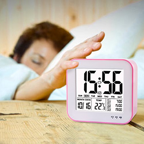 Tsumbay Digital Alarm Clock, USB Rechargeable 3 Separate Alarm Digital Clock Backlight Large Screen Display Temperature Calender Ideal for Home Office - Pink - Thumbnail 6
