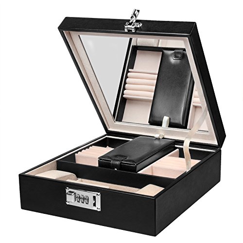 Women Combination Lock Box Safe Jewelry Organizer Mirror 2 Trays 23