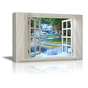 Glimpse into Cascading Waterfalls in The Forest Out of Open Window - Canvas Art Wall Art - 24" x 36"