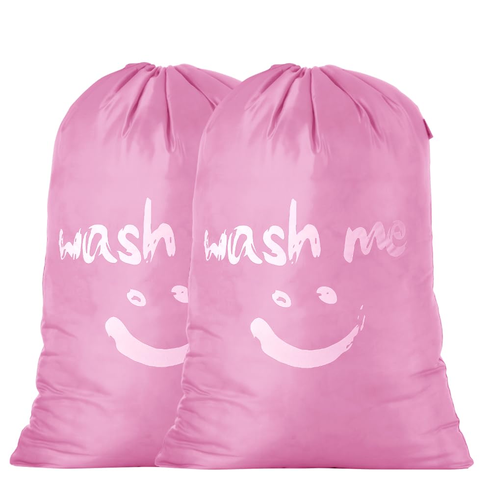 IHOMAGIC 2 Piece 120L Extra Large Laundry Bags for Travelling, Collapsible Dirty Laundry Bag with Drawstring Closure, Portable Nylon Storage Bags for Clothes, Quilts, Sheets, Pink