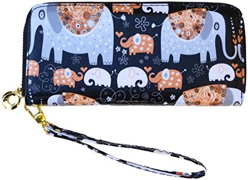 Corona Collection Elephant Print Zip Around Wallet Wristlet Black
