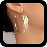 Iaceble Gold Feather Hoop Earrings Metal Leaf Hoop Earrings Large Round Hoop Earrings C Shape Statement Earrings Feather Open Hoop Earrings Jewelry for Women