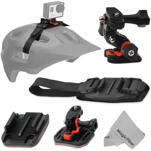 Vivitar Helmet Mount Kit for GoPro Hero4 Hero3+ Hero3 Hero2 and Hero - Bundle Includes: Curved Helmet Mount + Flat Surface Mount + Vented Helmet Strap + MagicFiber Microfiber Lens Cleaning Cloth