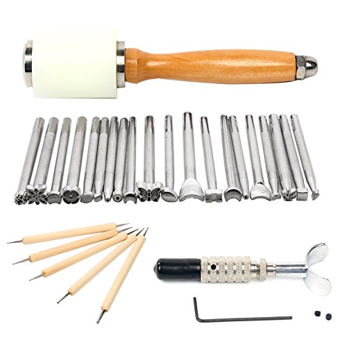 YaeTek 20pcs Leather Carving Working Saddle Making Tools Set Nylon Hammer Swivel Knife DIY Leather Craft Modelling Kit