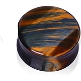 Pair of Natural Blue Tiger Eye Stone Saddle Plug Double Flare Ear Lobe Plugs (11/16 (18mm))