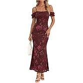 MEROKEETY Women's 2026 Summer Off The Shoulder Spaghetti Strap Floral Mesh Wedding Guest Cocktail Formal Party Maxi Dresses