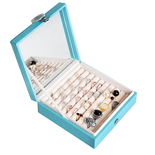 JackCubeDesign Leather 9 Slots Ring Organizer Storage Jewelry Box Display with Mirror Inside Velvet Divider Ring Tray Case Holder(Sky Blue, 6.5 x 6.5 x 2.3 inches) – :MK354B